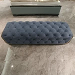 Blue Tufted Velvet Bed Bench with Natural Wood Veneer & Gold Accents